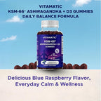 Vitamatic KSM-66® Ashwagandha + D3 Gummies – Natural Blue Raspberry Flavor – Sugar Free, Gluten Free, Non-GMO – 60 Gummies