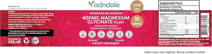 Adndale 180 CT Magnesium Glycinate Gummies 400 mg/Serv with Ashwagandha, Magnesium Malate & Taurate, Sugar Free Chews for Adults & Kids