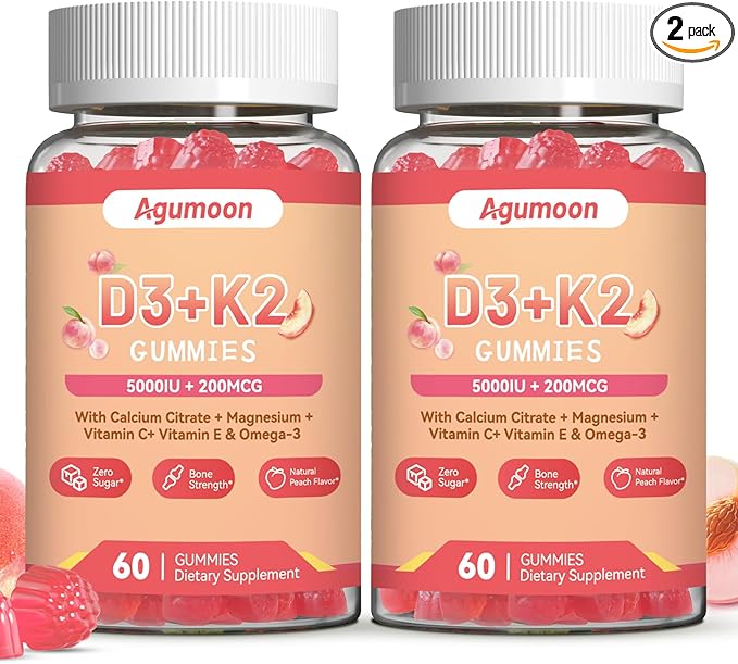 Vitamin D3 K2 Gummies for Adults - Vitamin D3 5000IU + K2 (MK-7) 200mcg, with Calcium Citrate, Magnesium Citrate, Omega-3 for Bone, Muscle, Teeth Immune - 120 Gummies