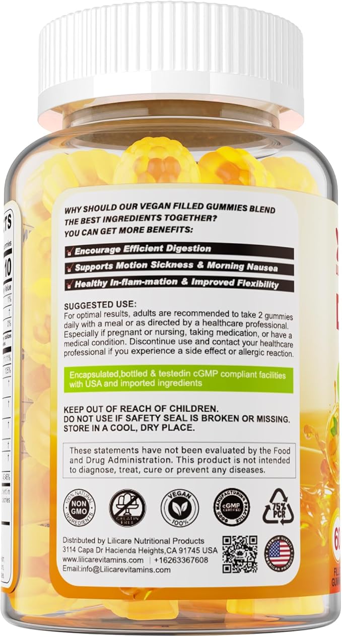 LILICARE Ginger Chews Gummies for Nausea & Digestive Support, Stomach Relief - Sugar Free with Turmeric & Odorless Garlic, Quercetin, Vitamin D3, C, Delicious Digestive Supplements, 60Cts (Pack of 1)