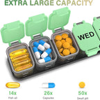 Extra Large Weekly Pill Organizer - XL Vitamin Holder with 7 Detachable Compartments, Portable Medicine Pill Organizer for Supplements, Daily Pill Case for Home and Travel,Green