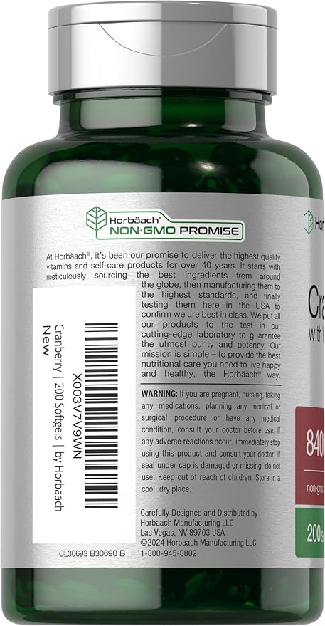 Horbäach Cranberry Pills for Women and Men | 200 Softgels | Extract Supplement with Vitamin C | Non-GMO, Gluten Free