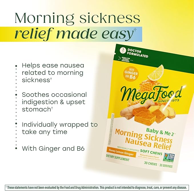 MegaFood Baby & Me Prenatal Morning Sickness Relief, Ginger Chews, with Vitamin B6, Made Without 9 Food Allergens, Honey Lemon Ginger Flavor, 30 Chews (Pack of 2)