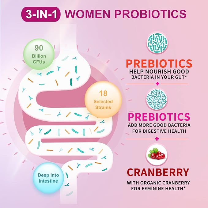 OMOGS 2PCS Women's Probiotic, with Cranberry Extract, Organic Prebiotics & Vitamin C, 90 Billion CFUs,18 Strains, Help for Boost Immune, Digestive, Gut Health & Women's Health,180 Tablets