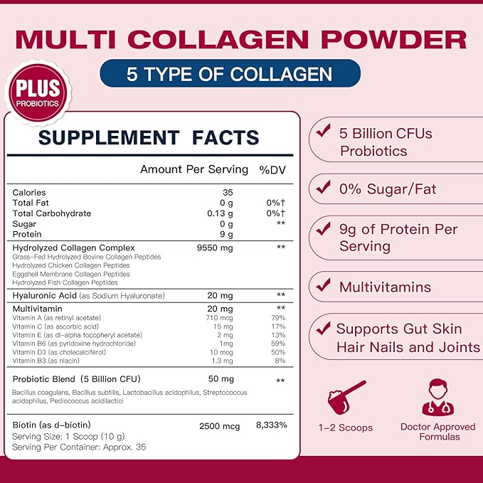 DRFOSTER Multi Collagen Peptides Powder with Probiotics - Type I II III V X Hydrolyzed Collagen Peptides with Multivitamins, Hyaluronic Acid & Biotin - Support Skin Hair Nail Joints & Gut, 35 Servings
