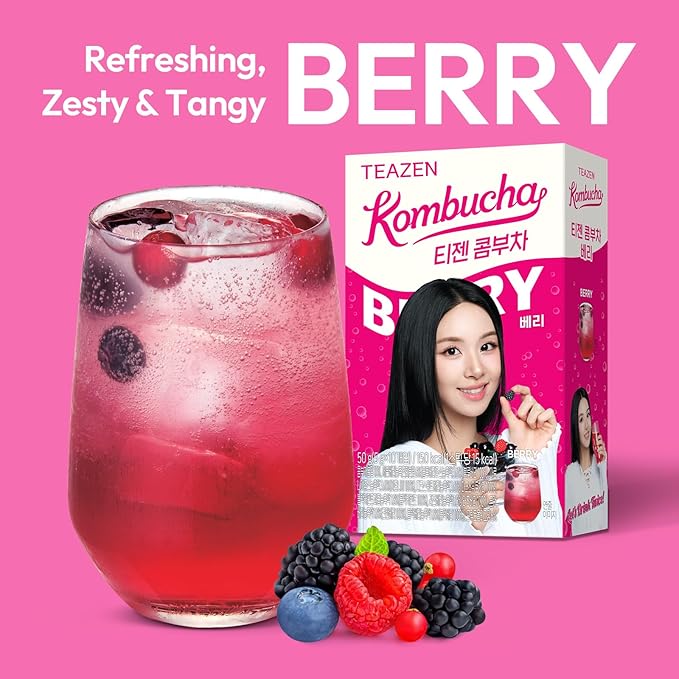 TEAZEN Berry Kombucha Powder, Hydration Drink Mix, Sugar Free, Live Probiotics & Prebiotics, On-the-Go 10 Packets, 1.76oz