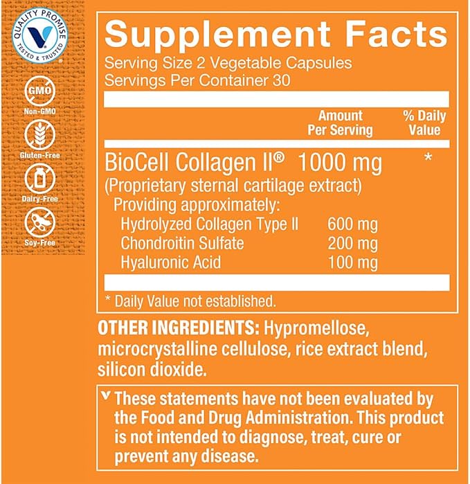 The Vitamin Shoppe Collagen Type II 1000MG - Joint Health, Cartilage Support & Flexibility, with Hyaluronic Acid (60 Vegetable Capsules)