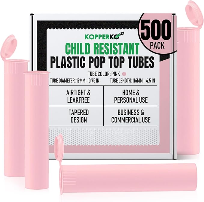Kopperko Small Pill Container (116mm, 4.6 Inch 500-Pack) | Child Resistant Medication Bottles | Small Pill Tube Container for Spices | Airtight, UV Resistant & Waterproof (Pink Plastic)