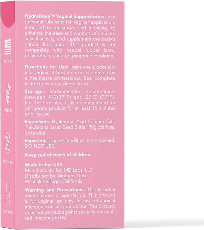 Mother's Dose Hyaluronic Acid 10mg Suppository HydraDose- Hormone Free Moisturizer for Vaginal Dryness-USA Made in an FDA Registered Facility, 1 Month Supply- 10 Inserts