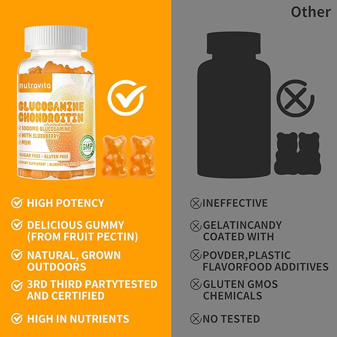 Nutravita Glucosamine Chondroitin Gummies with MSM & Elderberry Extra Strength - Joint Support, Antioxidant Immune Support Supplement for Adults, Men & Women.60 Orange Chews