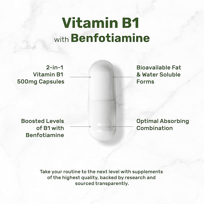 DEAL SUPPLEMENT Vitamin B1 500mg with Benfotiamine, 240 Capsules – 2 in 1 Enhanced Formula – Fat & Water Soluble Thiamine B1 Supplement – Third Party Tested, Non-GMO, No Gluten