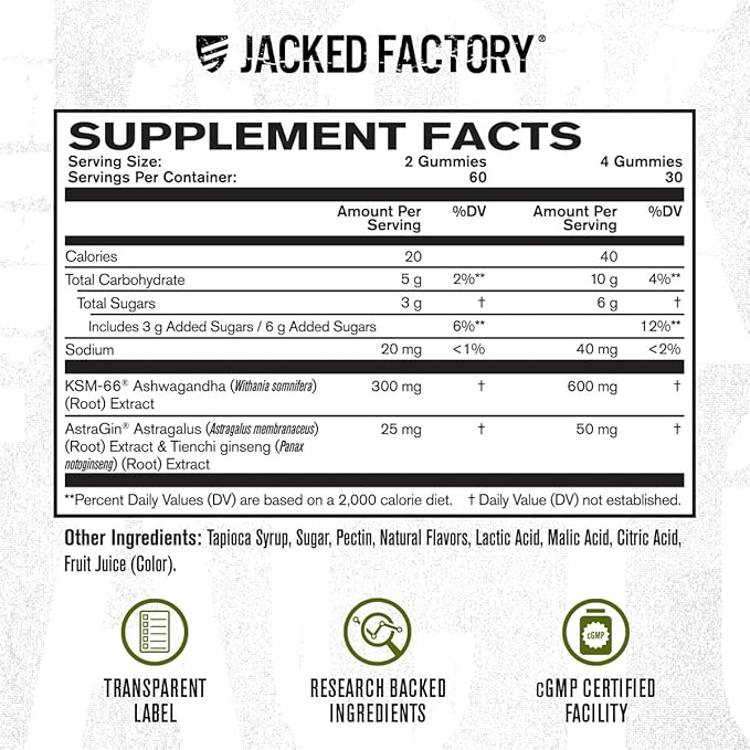 Jacked Factory Ashwagandha Gummies - KSM 66 Ashwagandha Gummies (600mg Per Serving) - Enhance Cognitive Function, Boost Mood, and Promote Hormonal Balance - 120 Gummies, Cherry Splash