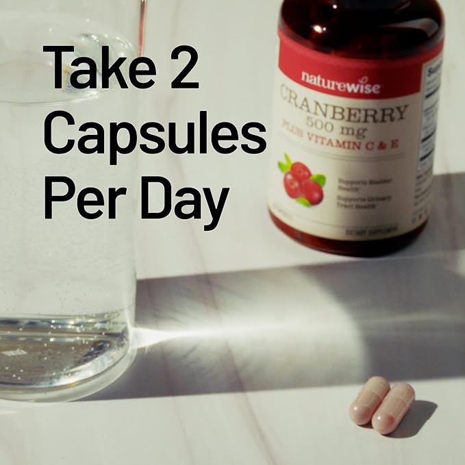 NatureWise Cranberry Pills for Women - 500mg Cranberry Extract (25:1) + Vitamin C & E - Cleansing Urinary Tract & Bladder - Vegan, Non-GMO, Sugar-Free - 60 Capsules[1-Month Supply]