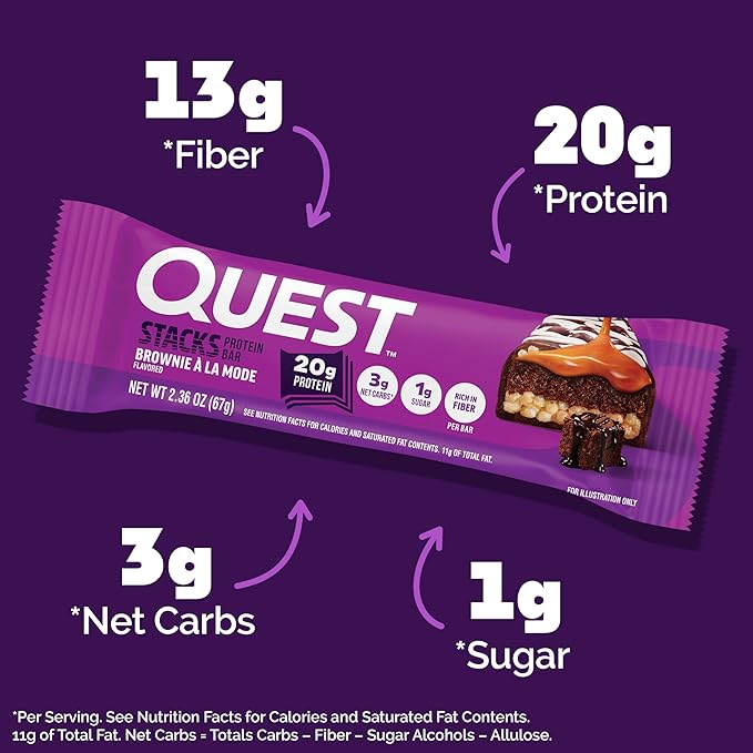 Quest Nutrition Stacks Protein Bars, Brownie a la Mode Flavor, 20g Protein, 3g Net Carbs, 1g Sugar, High Fiber, Low Sugar, Gluten Free, 12 Count