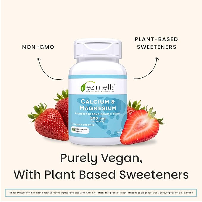 EZ Melts Calcium & Magnesium - Daily Supplement for Heart, Bone, Immune & Brain Health - with Vitamin D3 - Non-GMO & Vegan - Strawberry Smoothie - 120 Dissolvable Tablets (60 Servings)