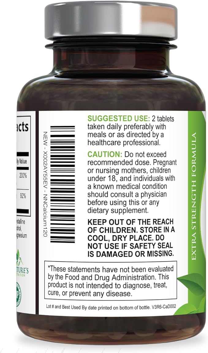 Calcium Supplement with Vitamin D3-1200 mg Calcium per Serving with D3 for Best Absorption - Supports Immune Health, Bones & Teeth - Nature's Calcium is Bottled in USA for Women & Men - 120 Tablets