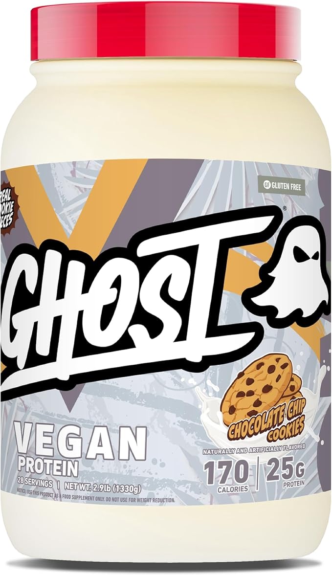GHOST Vegan V2 Protein Powder, Chocolate Chip Cookies – 2.9LB Tub, 25G of Protein - Plant-Based Pea & Organic Pumpkin Blend Protein with Fiber & Iron - Flavored Post Workout Shakes - Soy, Gluten Free