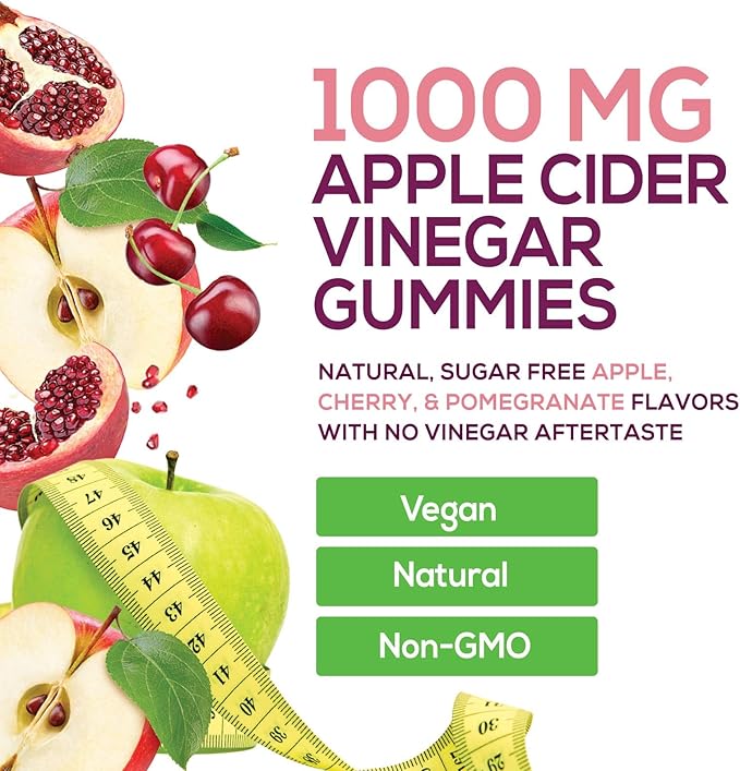 Apple Cider Vinegar Gummies 1000mg Per Serving - Sugar Free ACV Gummy Vitamins Supplement with Vitamin B12 for Energy - Keto Friendly Digestion, Detox, Cleanse Support, Vegan, Non-GMO - 60 Gummies