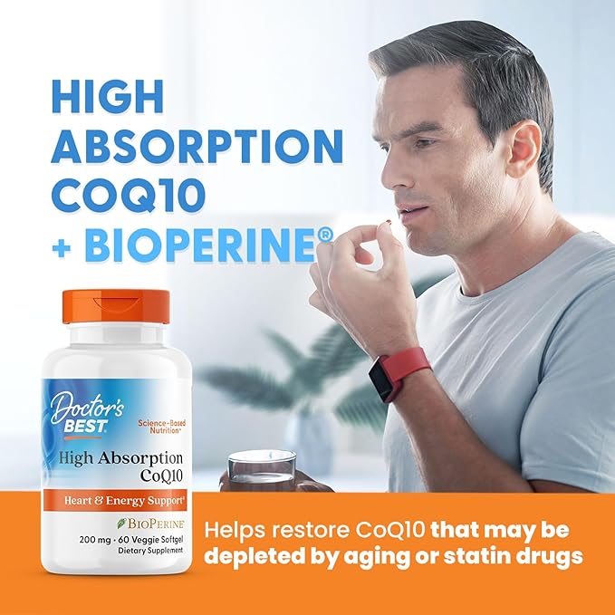 Doctor's Best High Absorption CoQ10 200mg with BioPerine Supplement - Coenzyme Q10 Softgels for Heart Health & Antioxidant Support, CoQ10 200 mg for Women & Men, Non GMO - 60 Veg Softgels
