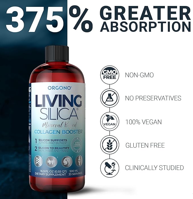 Living Silica ORGONO Collagen Booster | Vegan Mineral-Based Silica Supplement | Supports Healthy Collagen & Elastin Production for Joint & Bone Support, Glowing Skin, Strong Hair & Nails | 16.9 Fl Oz