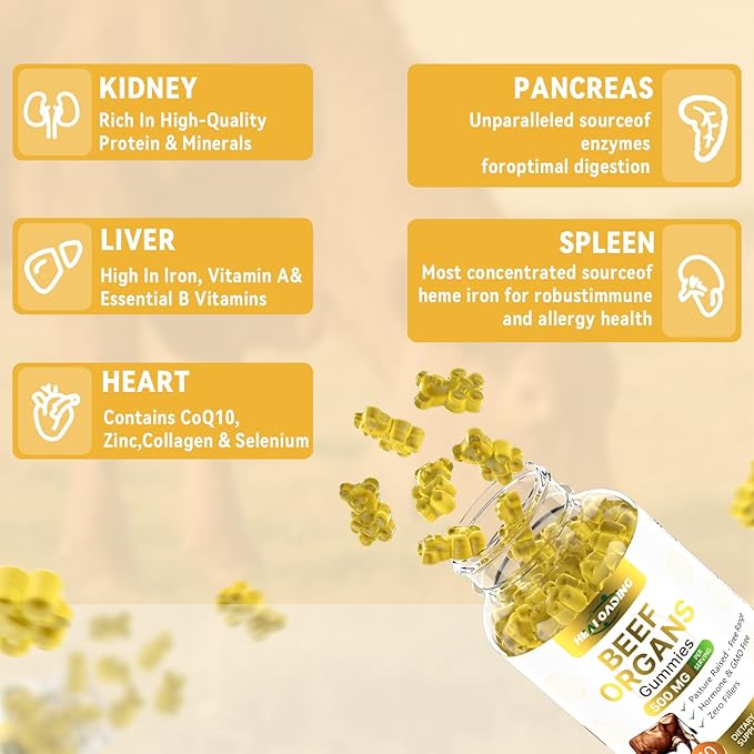 Beef Organ Supplement for Women：Grass Fed Beef Organ Gummies Supplement, Wellness with Liver Heart Kidney Pancreas Spleen Supports Women's Overall Energy and Health Non-GMO(60 Gummies)