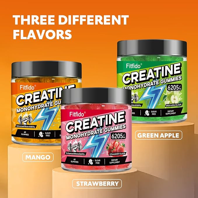 Creatine Monohydrate Gummies for Men & Women - 6205mg per Serving, Containing L-carnitine & Taurine, Post Workout Muscle Recovery, Strength & Energy Boost, Sugar Free & Vegan (60, Mango)
