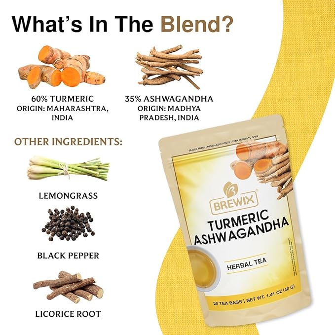 BREWIX, Turmeric Ashwagandha Herbal Tea Bags (20 Pyramid Tea Bags) Adaptogenic Herbs for Stress & Mood Support | Evening Calm & Sleep Support | Real Ingredients From India, Caffeine Free & Naturally Gluten Free | 100% Pure Herbal Blend Packed in Reseal...