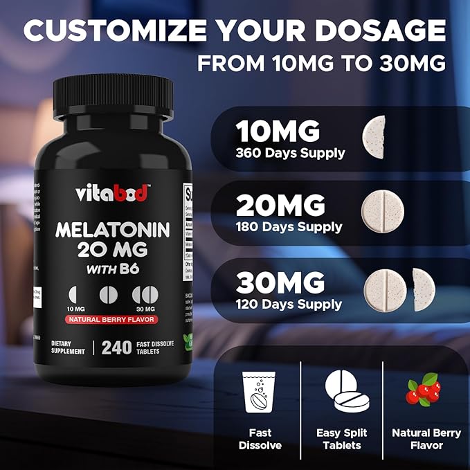 Melatonin 20 mg - 240 Fast Dissolve Tablets - Drug Free - Natural Berry Flavor - Vegetarian, Non-GMO, Gluten Free 240 Count (Pack of 2)