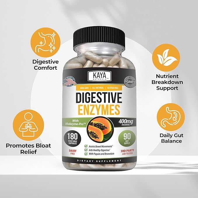 Kaya Naturals Digestive Enzymes with Prebiotics & Probiotics - Constipation & Bloating Relief - Weight Management Pills for Women & Men - Aids Immune Function - 180 Veggie Capsules