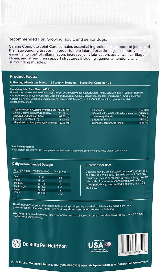 Dr. Bill’s Canine Complete Joint Care – Hip & Joint Supplement for Dogs for Mobility, Muscle Support & Inflammation Relief – Green Lipped Mussel, Chondroitin, Collagen, Omega-3 – Powder, 340g