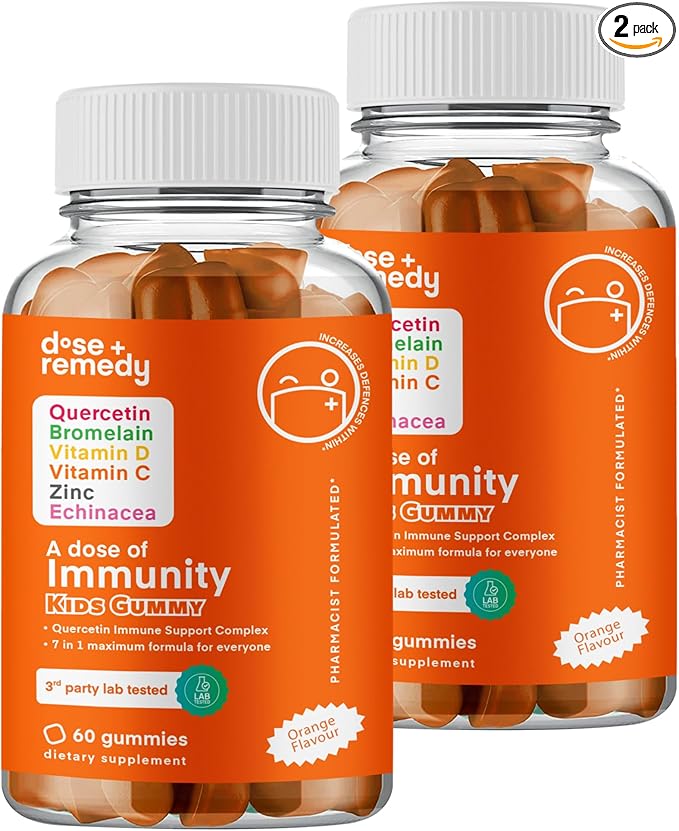A Dose of Immunity Kids Immune Support Gummies Quercetin for Kids with Vitamin C, Zinc, Vitamin D, 100mg Quercetin Bromelain, Echinacea, Lung, Immune Defense, Immunity Booster 120 Count