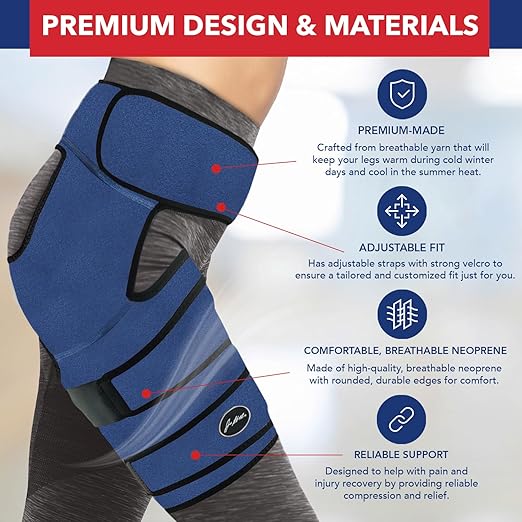 Dr. Arthritis Stabilizing Hip Brace for Men & Women, Thigh Compression Sleeve & Hip Support for Muscle Recovery, Hamstring Brace with Handbook, Sciatica Pain Relief Devices - Right Leg (L/XL, Navy)
