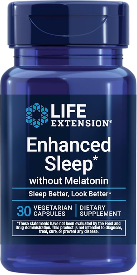 Life Extension Enhanced Sleep Without Melatonin, ashwagandha, amla, Casein Milk peptides, melatonin-Free Supplement for Sleep & Stress Support, Gluten-Free, Non-GMO, Vegetarian, 30 Capsules