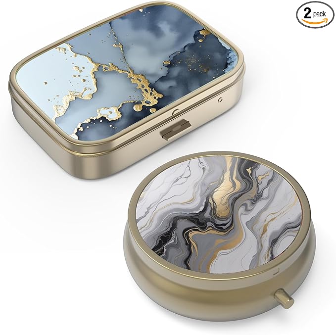 Pill Case Pill Box with Mirror Retro Small Pill Case for Purse or Pocket Bronze Pill Box or Vitamins, Fish Oil, Supplements, Pill Containe Travel Gifts（2PCS）