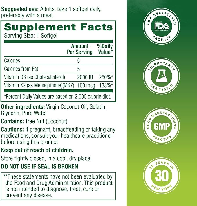 HealthA2Z® Vitamin D3 (2,000 IU) + K2 (MK-7) Made with Virgin Coconut Oil (Natural MCTs) - 90 Softgels (Pack of 1) - Helps Calcium Absorption for Bones, Teeth, Mood & Immune Health