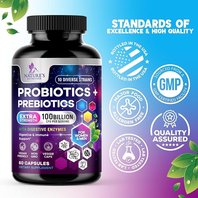 Probiotics 100 Billion CFU Per Serving - 10 Probiotic Strains & Prebiotics - Digestive Gut Health, Immune Support & Occasional Constipation, Gas & Bloating - Daily Supplement For Adults - 60 Capsules