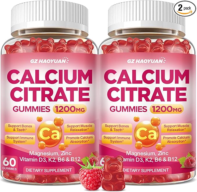 Calcium Citrate Gummies - 1200mg Calcium Gummies Supplements for Women & Men with Vitamin D3, K2, Magnesium, Zinc High Absorption for Bone, Muscle & Immune Support, Raspberry Flavor, 120 Count
