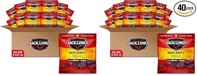 Jack Link's Beef Jerky,Teriyaki,Multipack Bags - Flavorful Meat Snacks for Lunches,Ready to Eat Protein Snacks,Individual Packs - 7g of Protein,Made with 100% Beef - 0.625 oz,(Pack of 40)