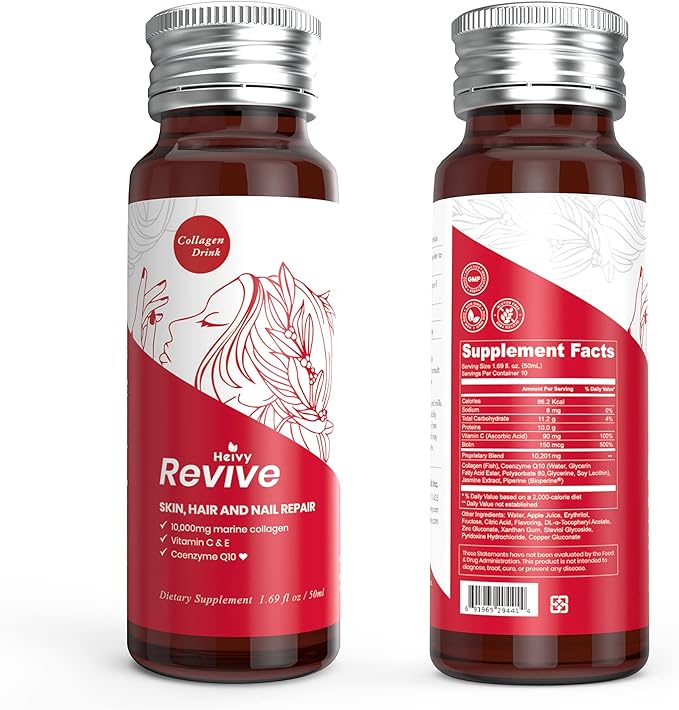 Heivy Liquid Collagen for Women, Collagen Drink with 10,000mg Marine Collagen Peptides, Collagen Liquid for Women for Hair Growth, Skin Repair, Nail Strength, 1.69 Fl Oz (Pack of 10)