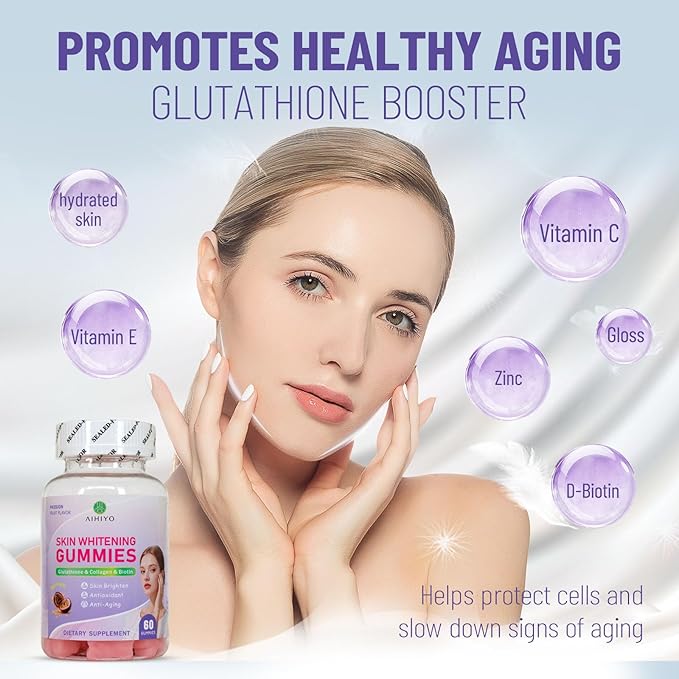 AIHIYO Skin Whitening Gummies, with I-Glutathione, Collagen and Bioth, Antioxidant & Skin Brighten, Anti-Aging, 60 Count