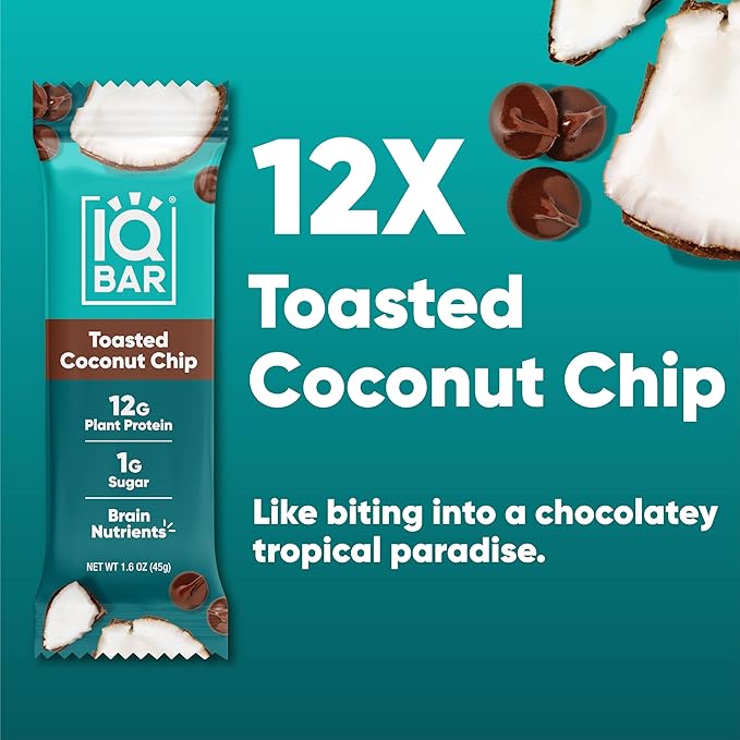 IQBAR Clean Plant Protein Bars - Toasted Coconut Chip - 12 Count - Keto, Vegan, High Fiber, Gluten and Dairy Free, Low Sugar Snack - Brain and Body Nutrients for Focus, Energy, Meal Replacement