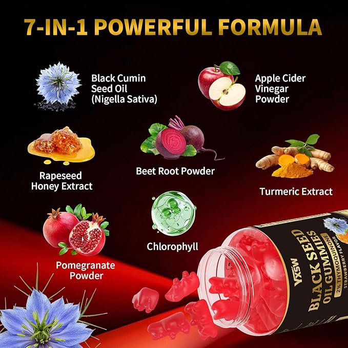 Black Seed Oil Gummies 500mg with Honey and 2% Thymoquinone, Nigella Sativa Seeds for Boost Immune Health, Joints, Digestion, Hair & Skin, Strawberry Flavor, 60 Count