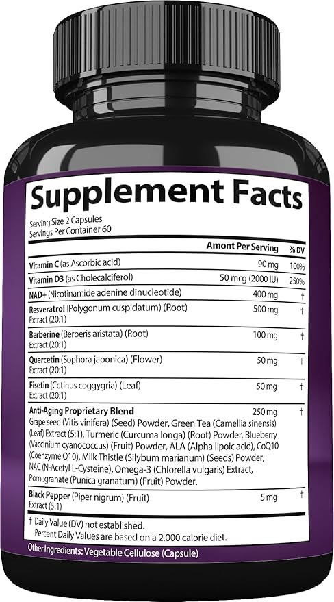 NAD Resveratrol Supplement for Women & Men. Support Cellular Health, Energy + Healthy Aging. Advanced Formula, Plus Third-Party Lab Tested in USA (120 Capsules)