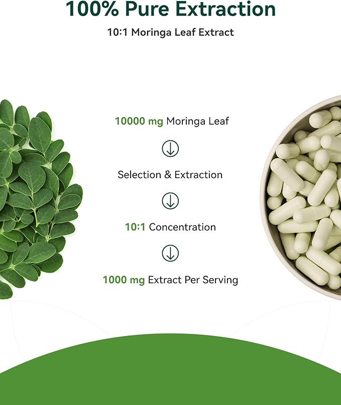 Moringa Capsules 1000mg, Moringa Leaf Extract 10:1, Complete Green Superfood, for Energy, Sleep, Immune & Gut Health, Veg Capsules 120 Count, All-Natural, Non-GMO, Made in USA