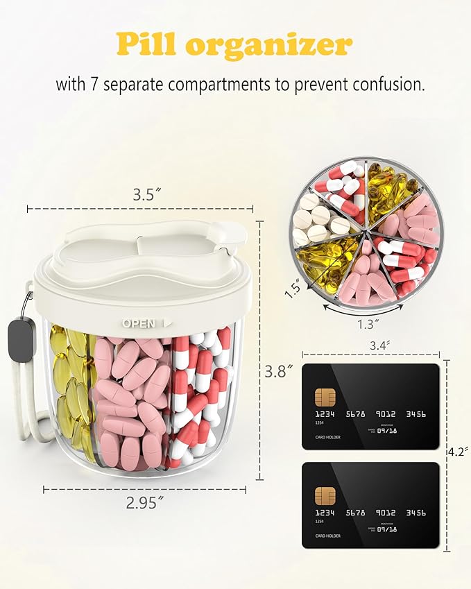 Pill Organizer with 7 Compartments, Pill Box Case for Holding 7 Different Vitamins, Anti-Mix Design for Easy Medication Retrieval. Travel Pill Organizer with 20 Labels. Cute Pill Dispenser（ Beige）