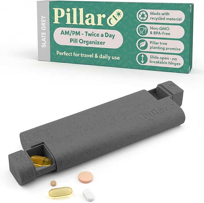Pillar AM/PM Pill Box Organizer Two Times a Day | Aesthetic 7 Day Tablet Organizer 2 Times A Day | Beautiful Weekly Pill Box for Day and Night Medication (Slate Grey)