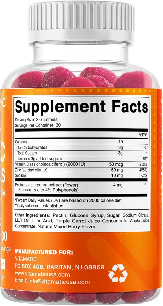 Vitamatic Zinc 50mg Gummies – 60 Vegan Gummies Gluten Free – Healthy Immune Support for Adults, Men & Women