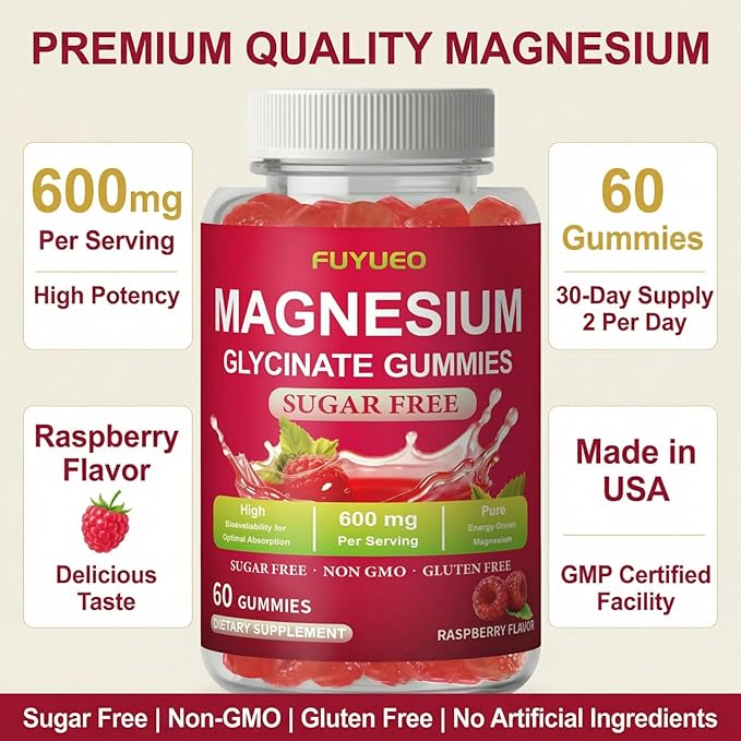 Magnesium Glycinate Gummies, Sugar Free Magnesium Supplement for Men & Women, Supports Relaxation, Gentle on Stomach, Chewable, Raspberry, 60 Count (Pack of 1)