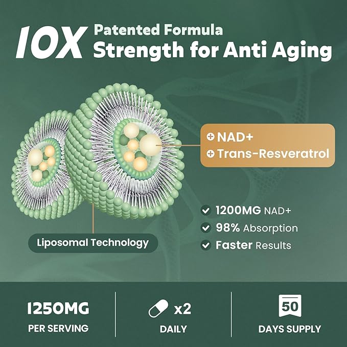 Liposomal NAD+ Supplement 1200mg with Trans Resveratrol - Boost NAD+ Levels, Energy & Anti-Aging Support - Vegan, 100 Capsules