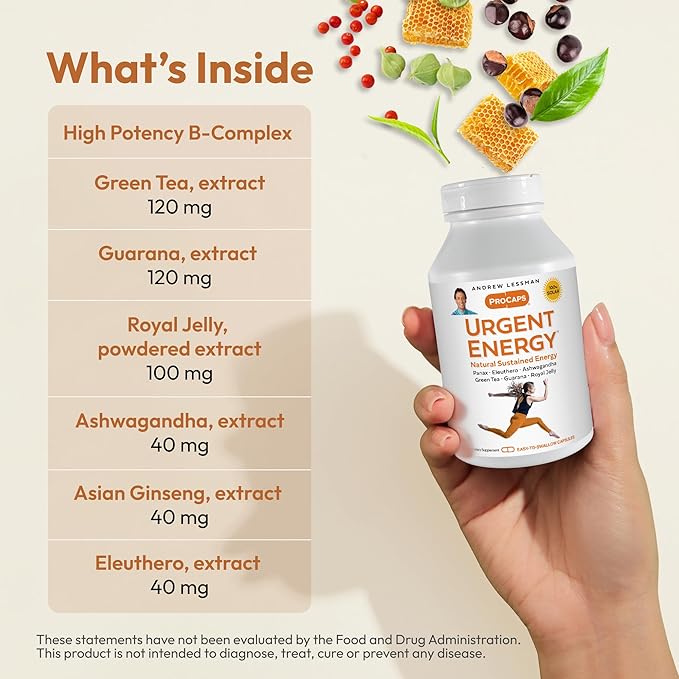 ANDREW LESSMAN Urgent Energy 180 Capsules - Provides a Safe, Healthy Means of Enhancing Energy Levels and Feelings of Well-Being, Green Tea, Guarana, Ginseng, Royal Jelly, Ashwagandha, B-Complex